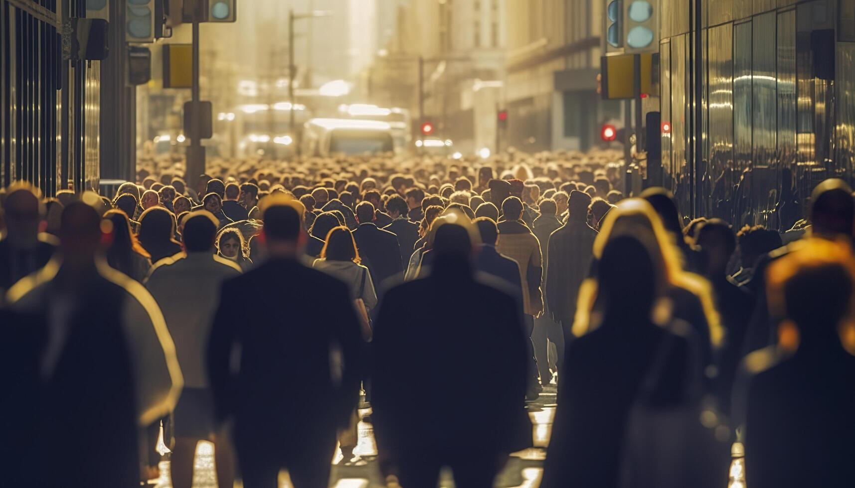 Crowd of people walking busy city street backlit. Generative AI photo