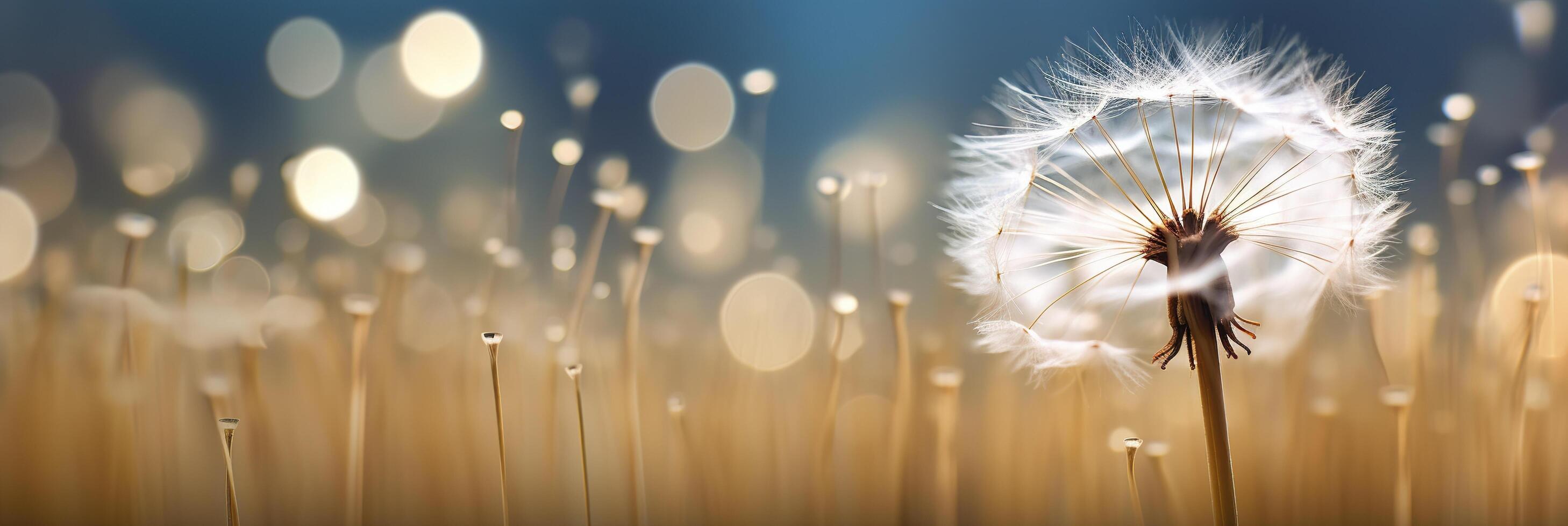 Abstract blurred nature background dandelion seeds parachute. Bokeh pattern. Generative AI photo