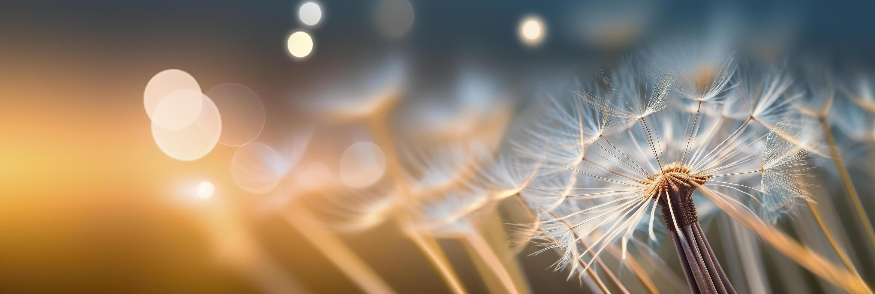 Abstract blurred nature background dandelion seeds parachute. Bokeh pattern. Generative AI photo