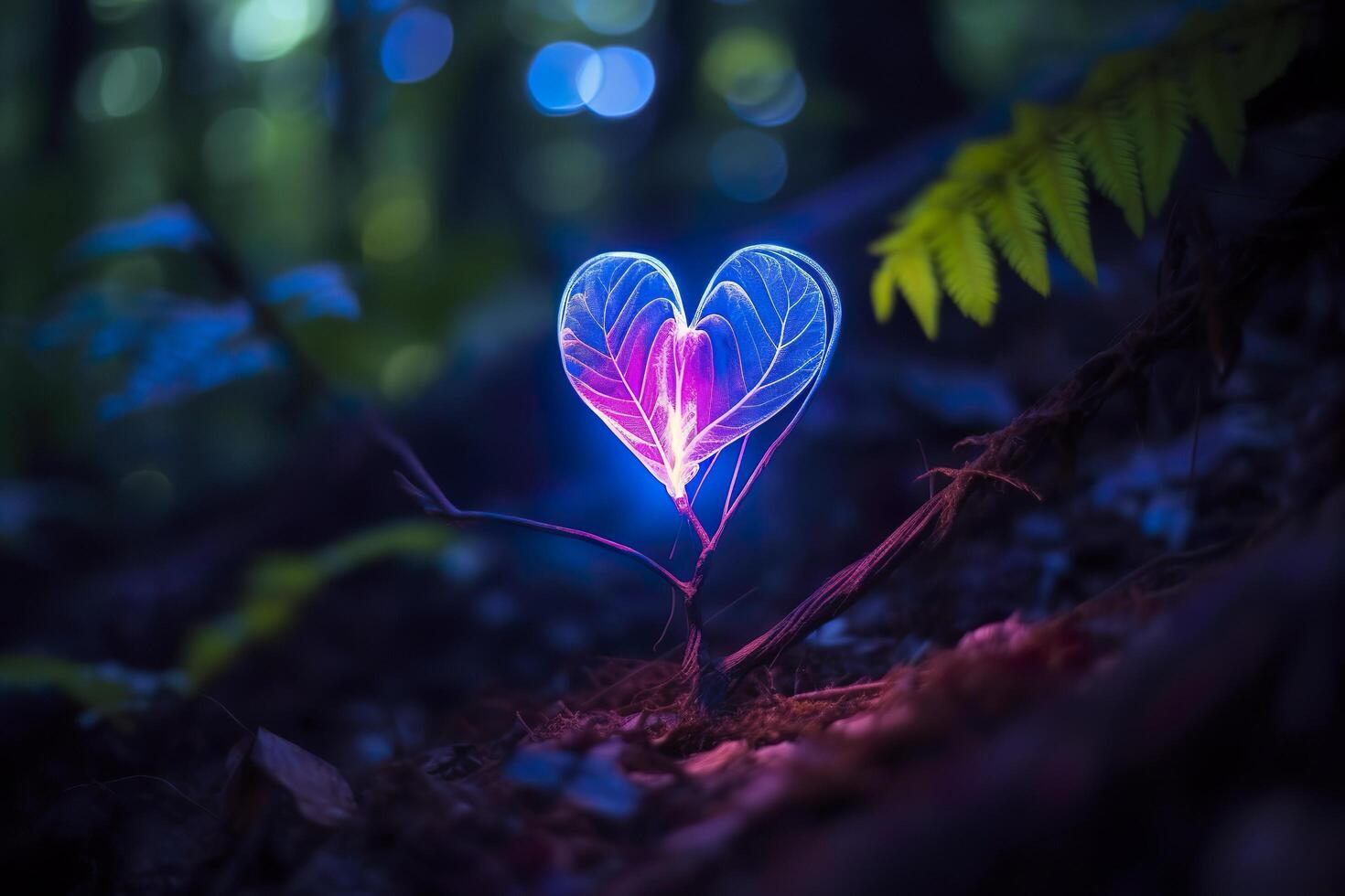 Glowing bioluminescent plant shaped like a human heart, in a mysterious forest. Generative AI photo