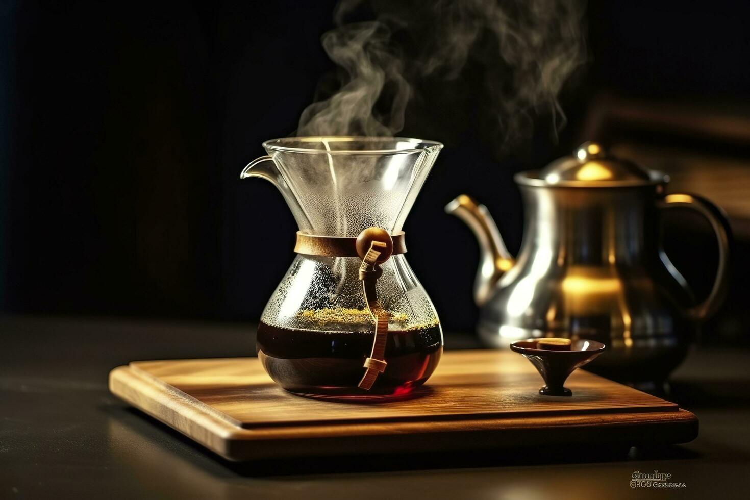 An alternative coffee brewing method is pure over, a glass teapot on a wooden tray. Generative AI photo