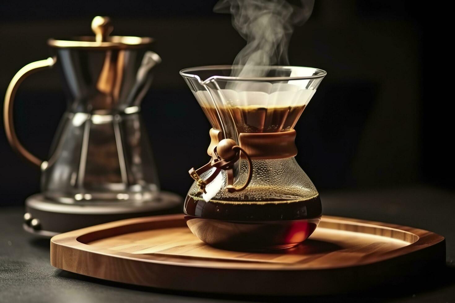 An alternative coffee brewing method is pure over, a glass teapot on a wooden tray. Generative AI photo