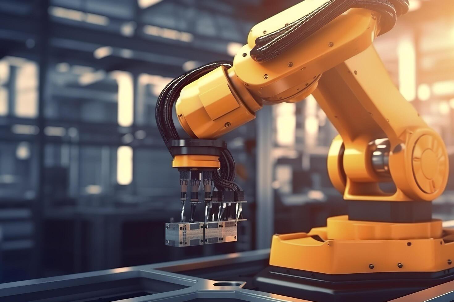 Arm robot working with Screen monitor control industrial machine robot arm line. Generative AI photo