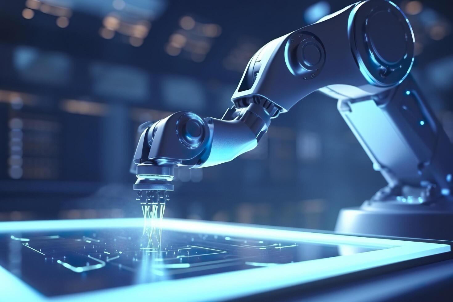 Arm robot working with Screen monitor control industrial machine robot arm line. Generative AI photo