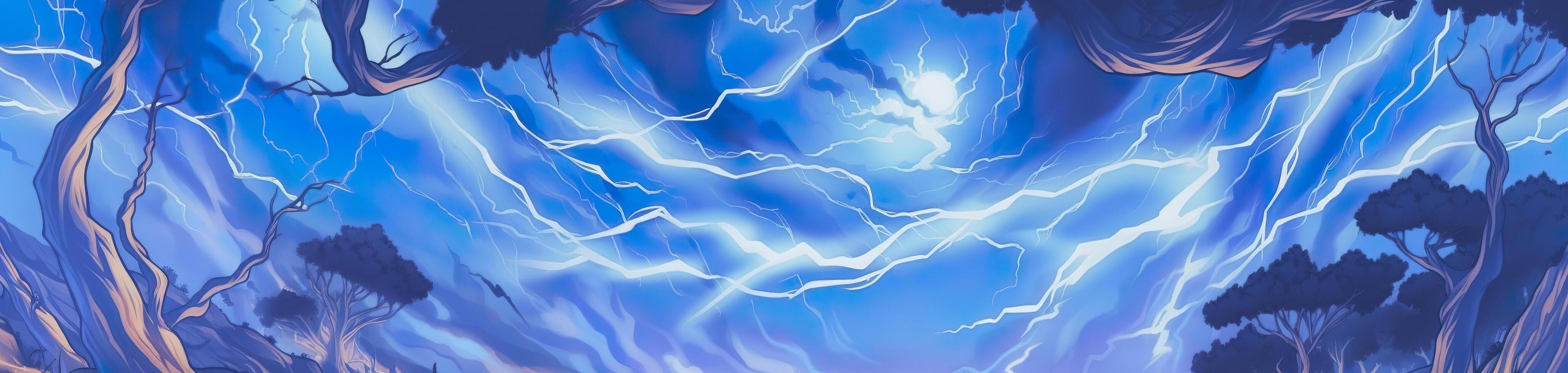 Anime horizontal blue lightning background. Anime cartoon light colors. Generative AI photo