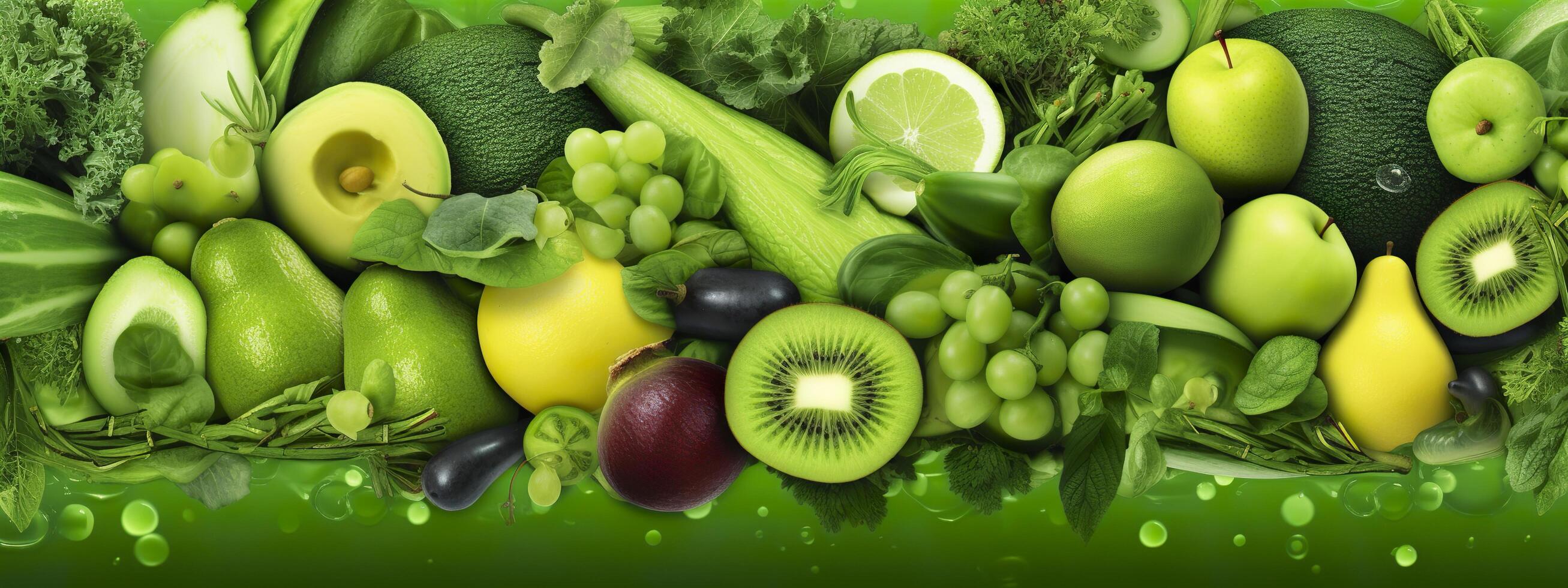 Banner layout of green fruits and vegetables. Generative AI. photo