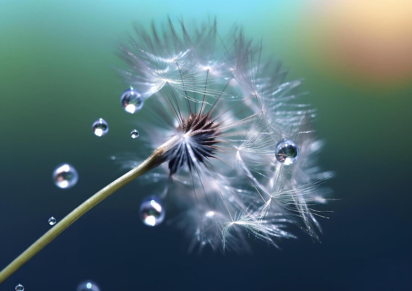 Beautiful dew drops on a dandelion seed macro. Beautiful blue background. Generative AI photo