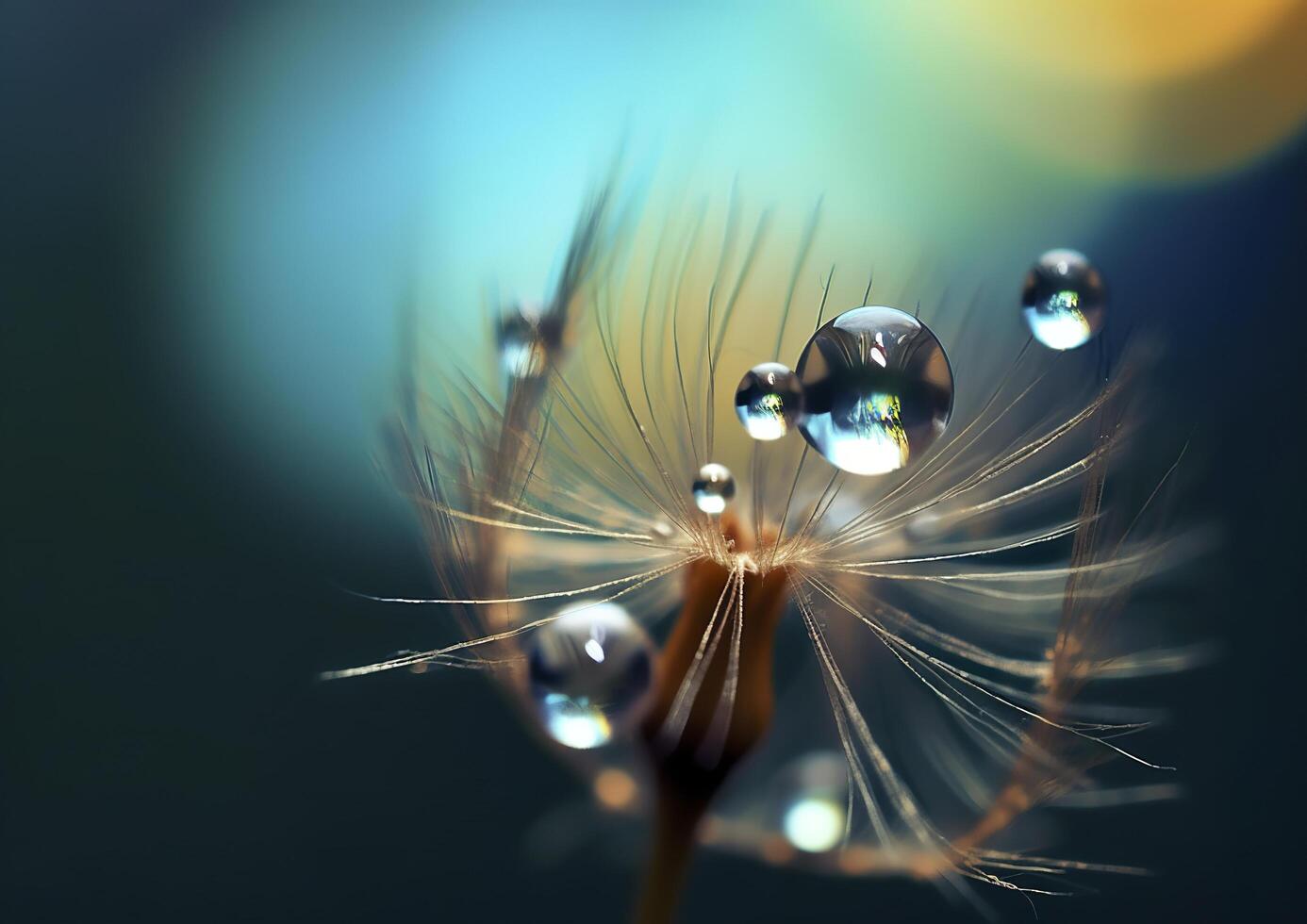 Beautiful dew drops on a dandelion seed macro. Beautiful blue background. Generative AI photo