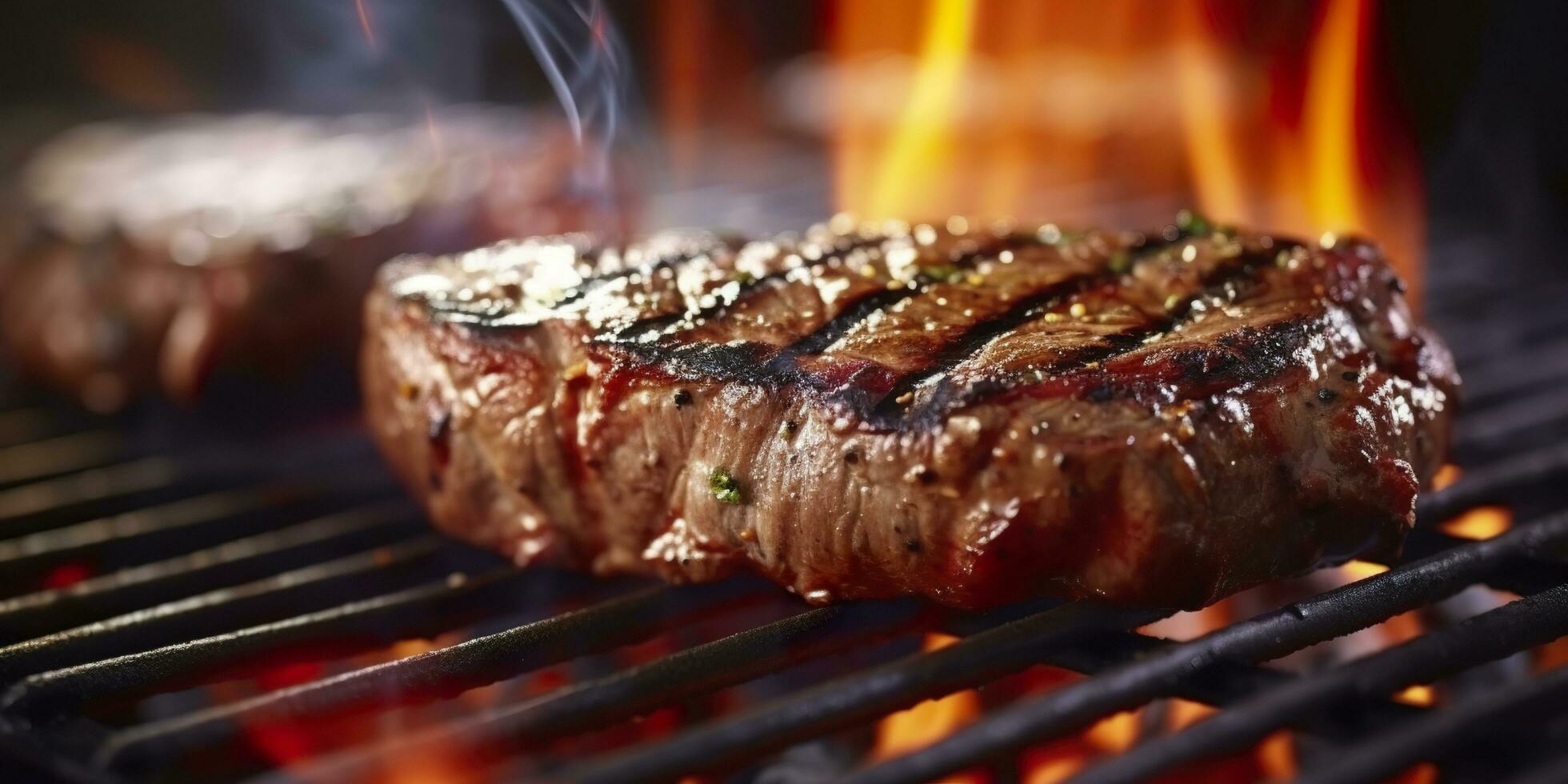 Beef ribeye steak grilling on a flaming grill. Generative AI photo