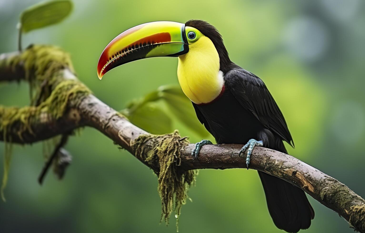Chesnut mandibled Toucan sitting on the branch in tropical rain with a green jungle. Generative AI photo
