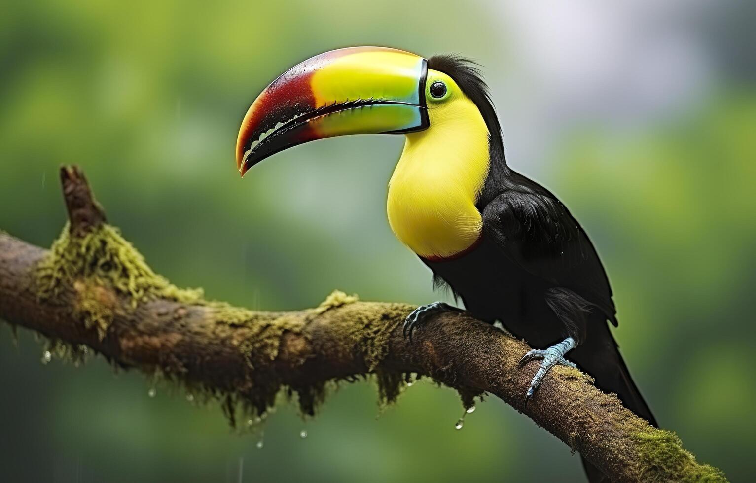 Chesnut mandibled Toucan sitting on the branch in tropical rain with a green jungle. Generative AI photo