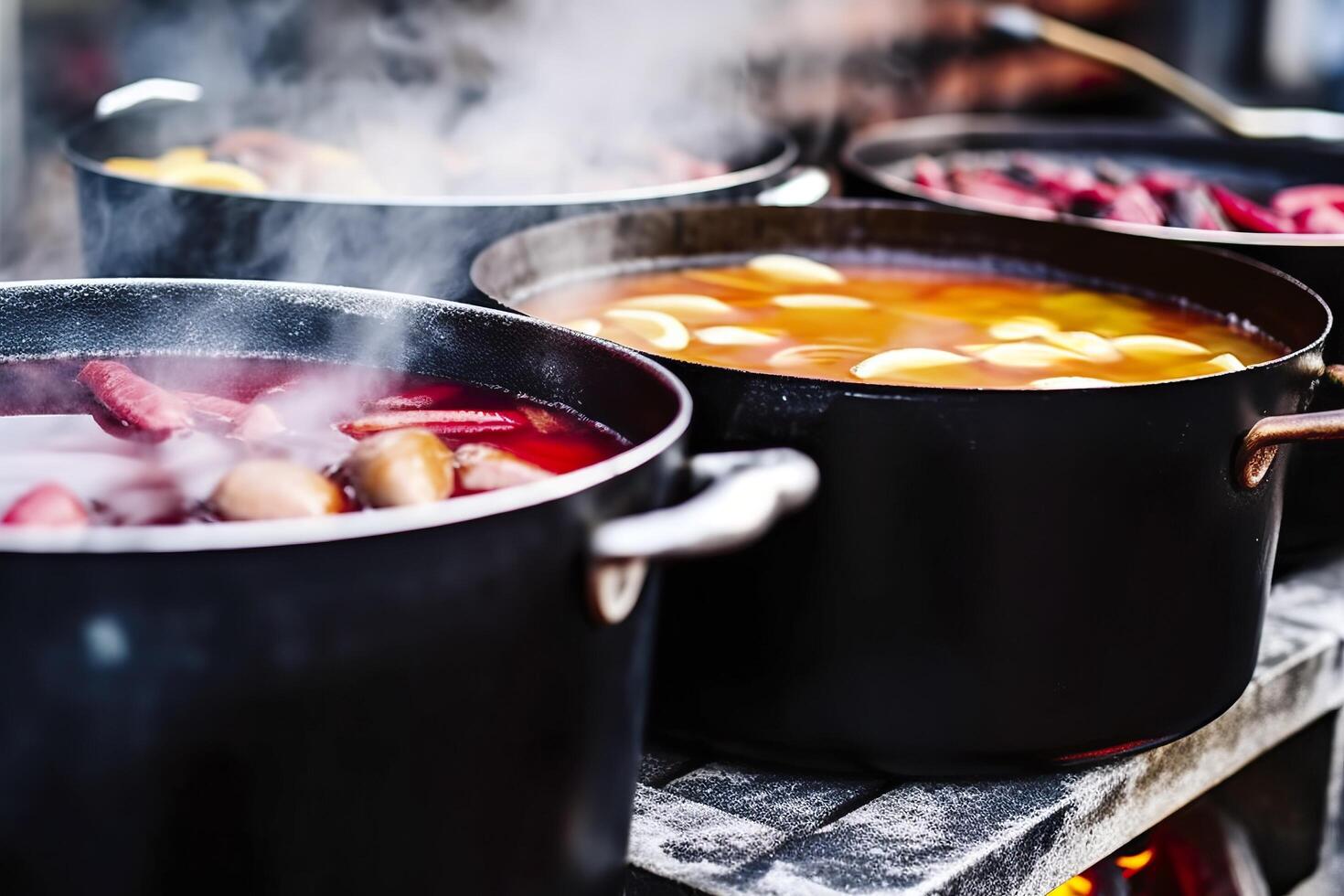 Beverages fruits and berries hot mulled wine in pots with steam in street food market. Generative AI photo