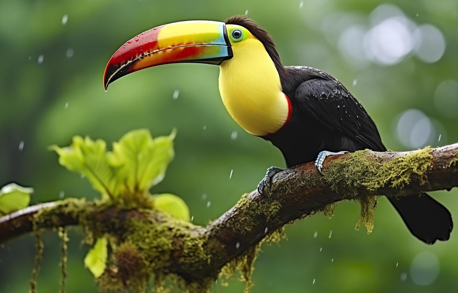 Chesnut mandibled Toucan sitting on the branch in tropical rain with a green jungle. Generative AI photo