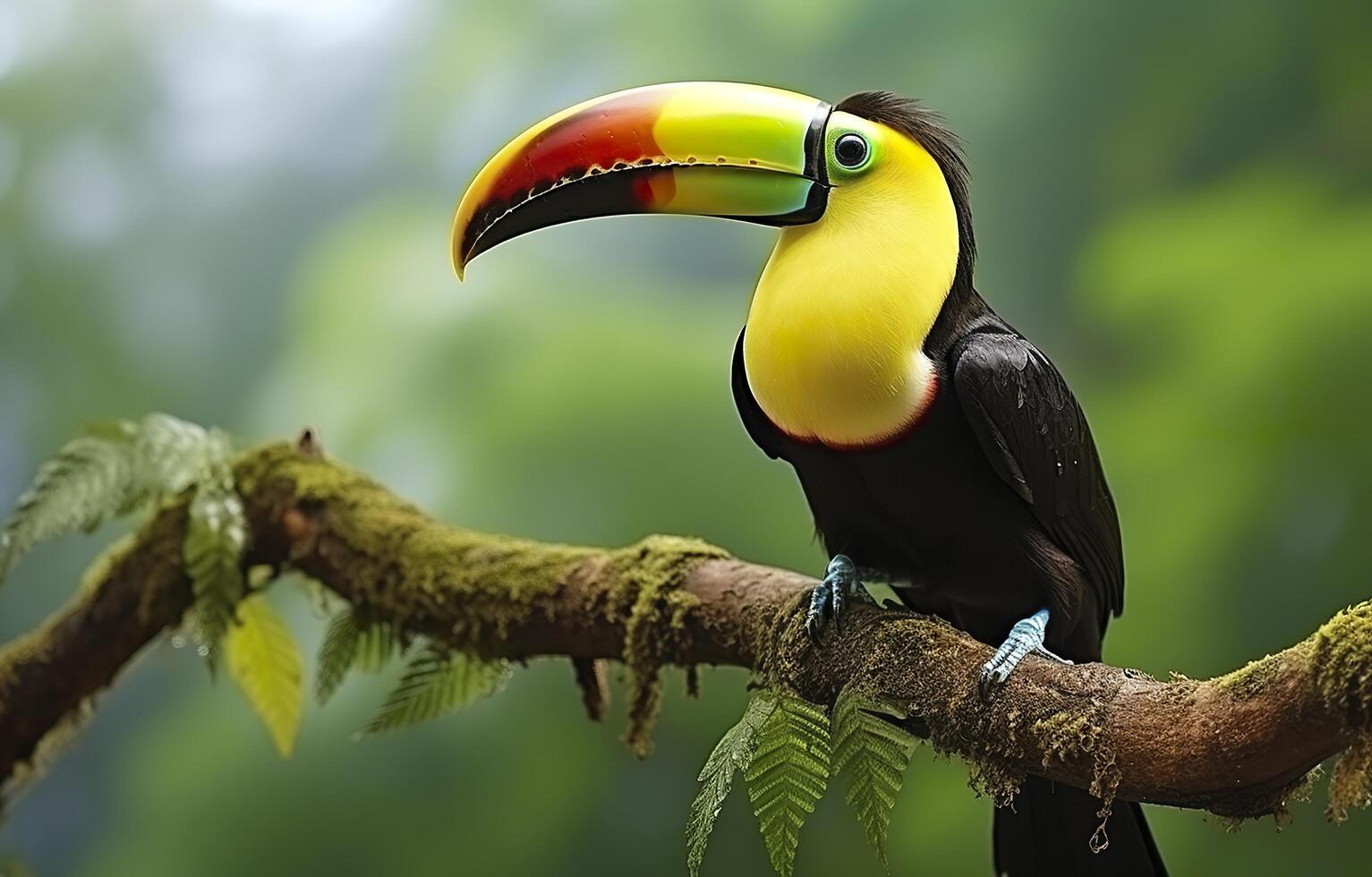 Chesnut mandibled Toucan sitting on the branch in tropical rain with a green jungle. Generative AI photo