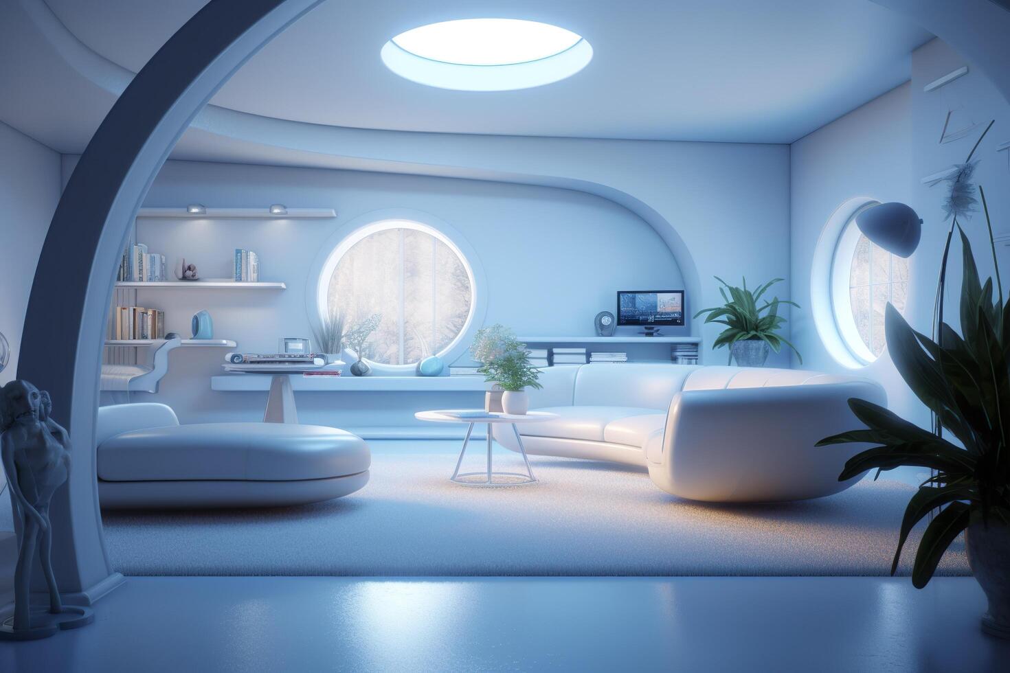 A professional and eye catching light blue with white living room in the metaverse.  AI Generative photo