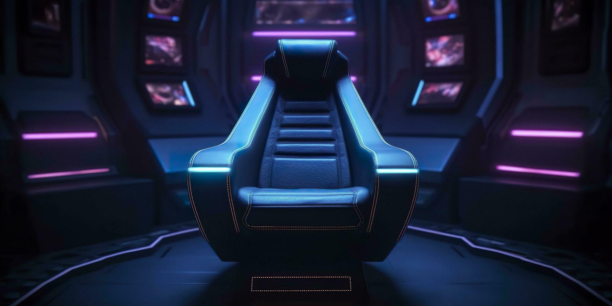 80s Inspired Captain Chair from Star Trek with Neon Lights and Cockpit Interior Background. AI Generative photo