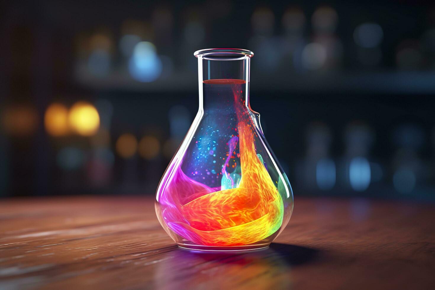 Close Up of a Science Beaker Filled with Multi Colored Liquids. AI Generative photo