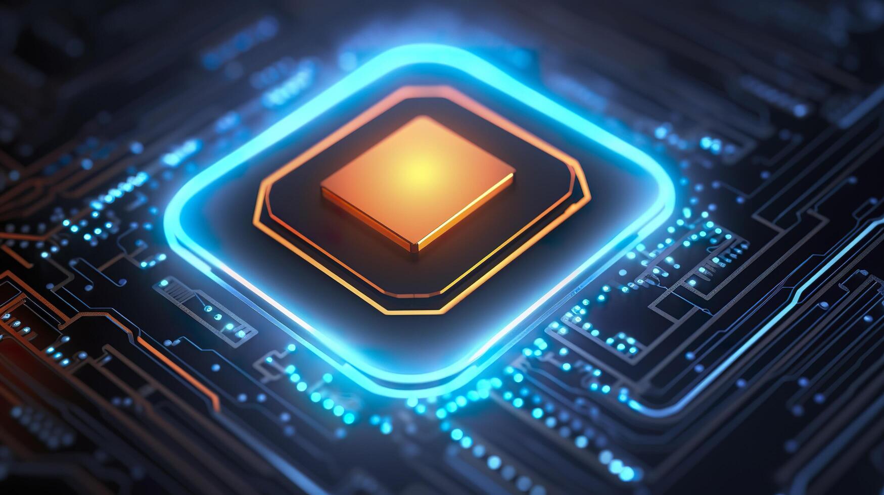 Top View of a Chip with Glowing Light and Fog in Orange and Blue. AI Generative photo