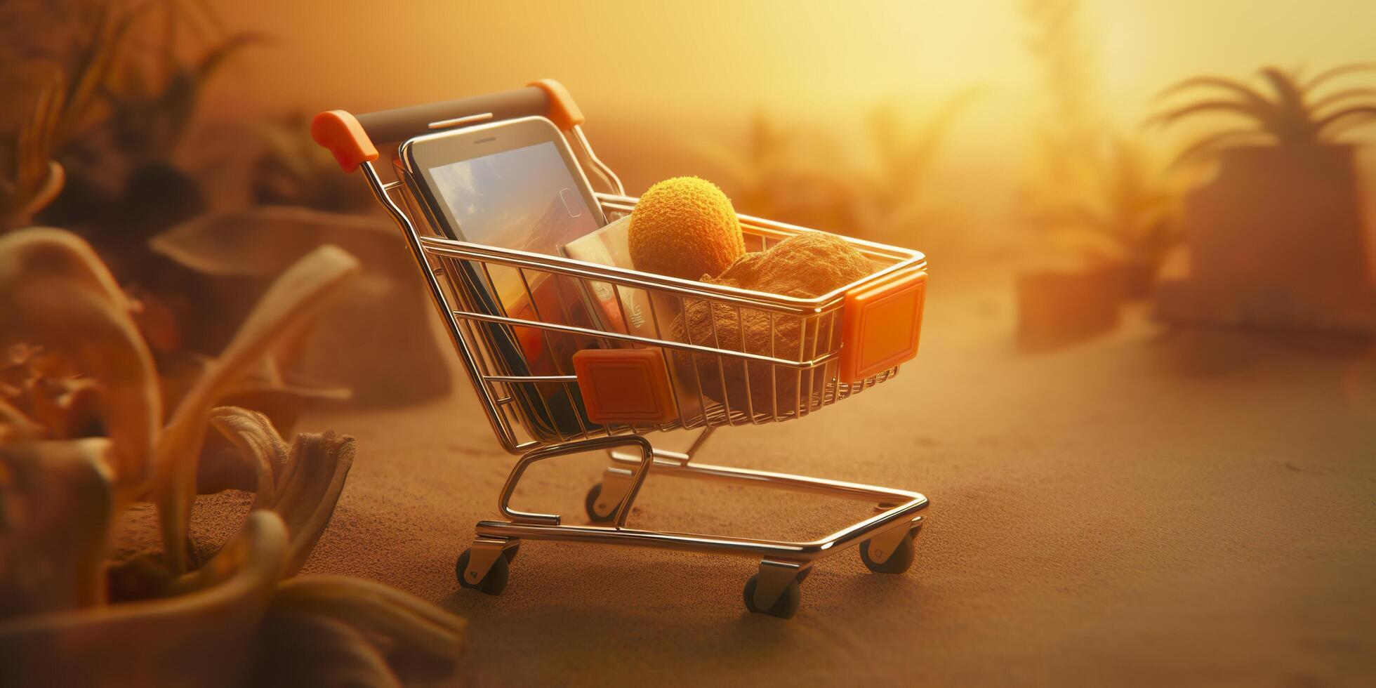 E-Commerce Shopping Cart with Multiple Products. A Sunlit Abstract Background. E-commerce concept. AI Generative photo