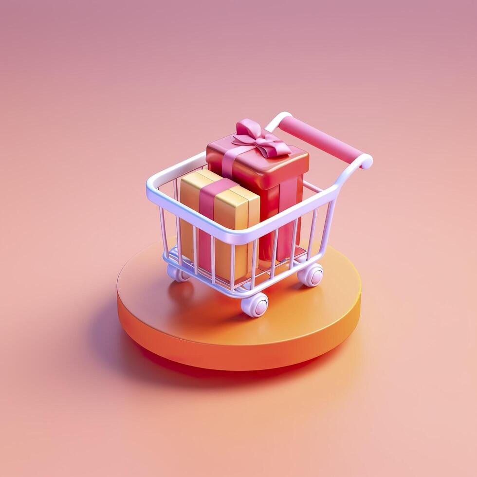 Light Orange and Pink Shopping Cart with Gift Box Icon. AI Generative photo