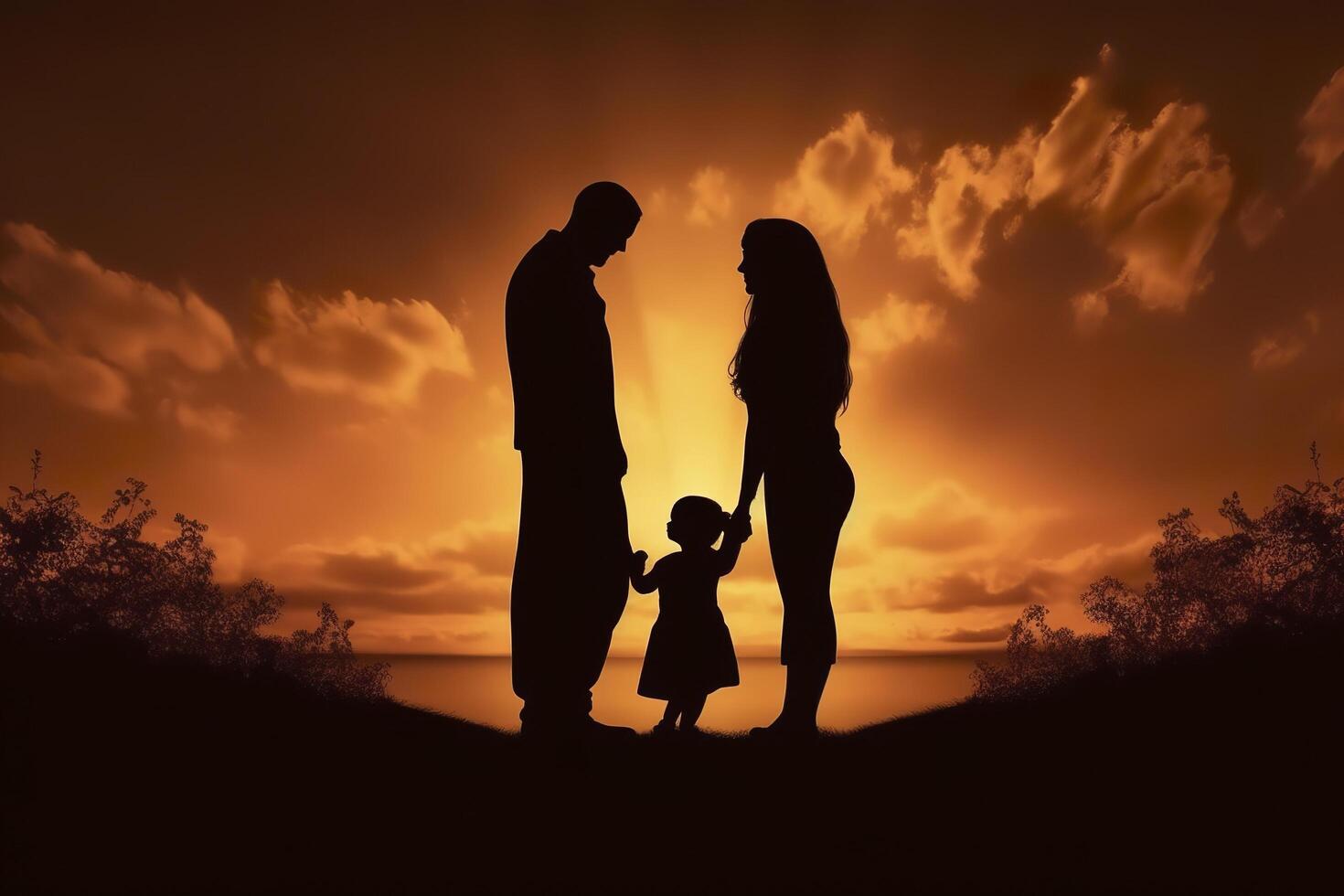 sombra de contento familia juntos, padres con su pequeño bebé a puesta de sol. un silueta de amor y unidad. ai generativo foto