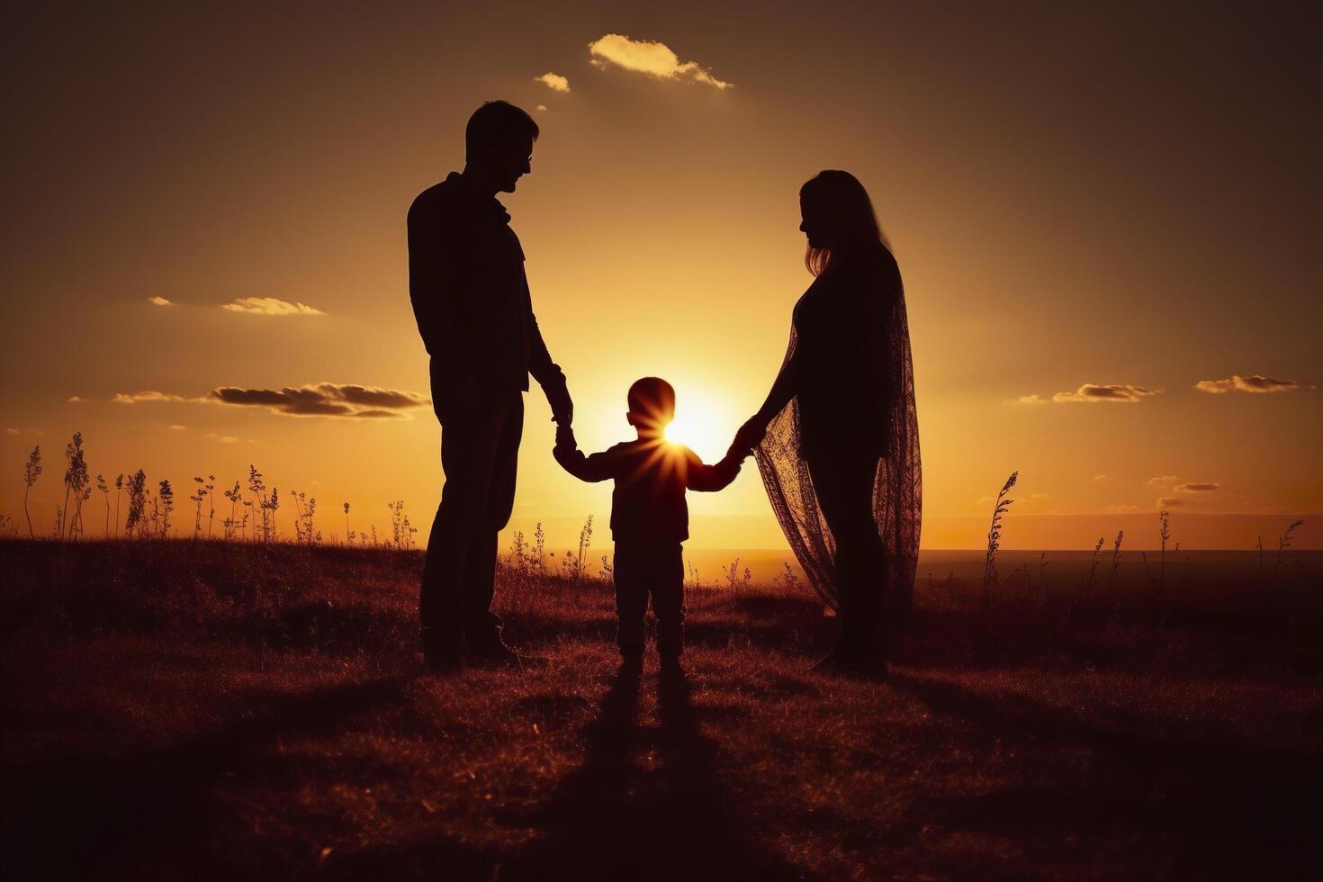 sombra de contento familia juntos, padres con su pequeño bebé a puesta de sol. un silueta de amor y unidad. ai generativo foto