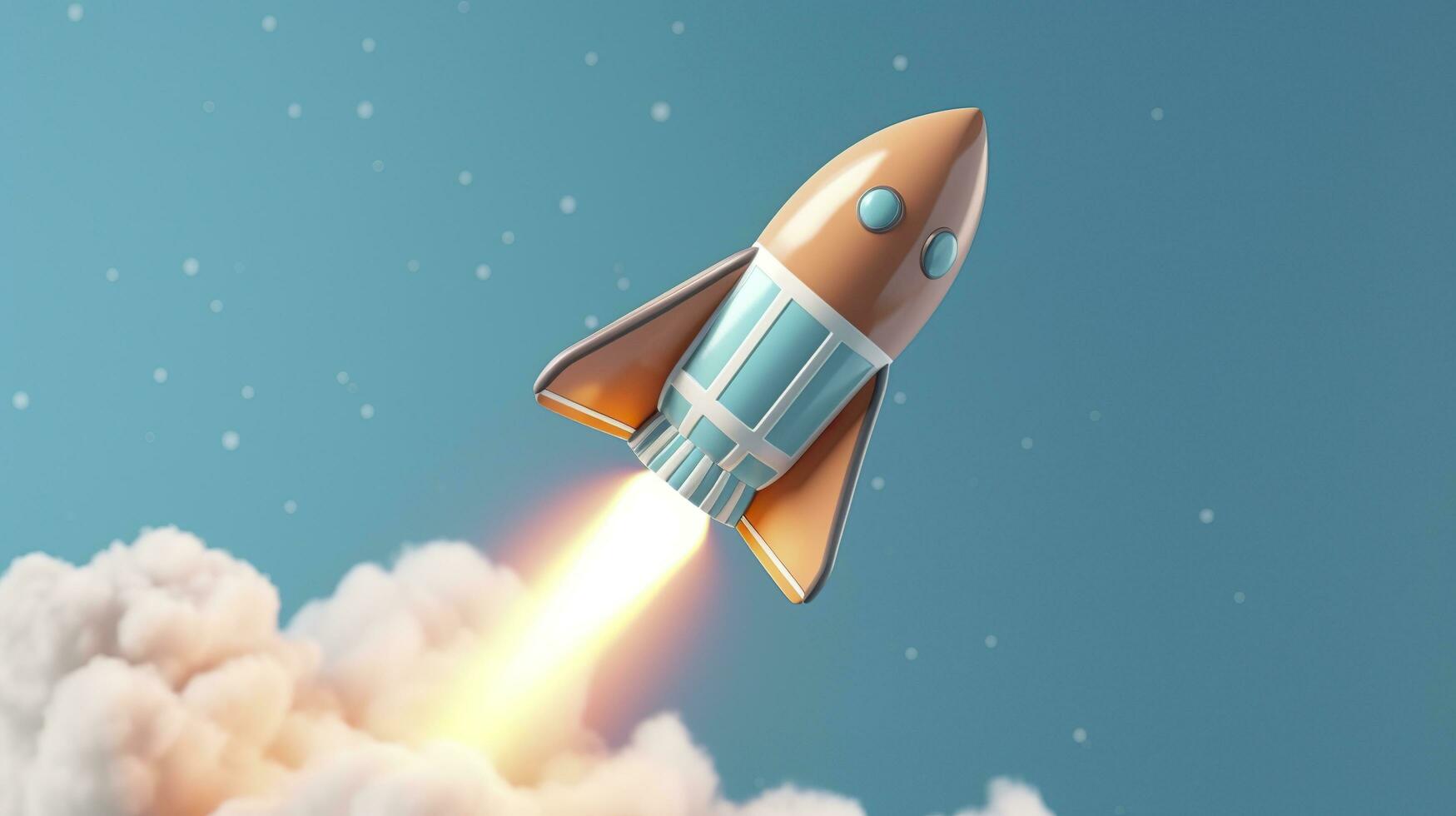 A small rocket takes off from a Laptop with vibrant color combinations in light sky blue and light gray colors for a website, business, and financial success concepts.  AI Generative photo