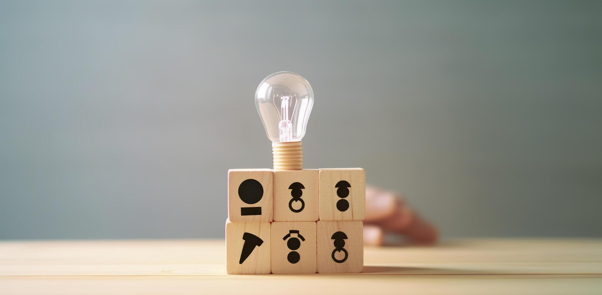 Creative idea, solution and innovation concept. Idea generation for business development. Wooden cube blocks with light bulb and cycle icons on clean background and copy space. AI Generative photo