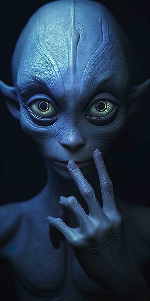 un extraordinario retrato de desconocido adorable extraterrestre especies terminado un extraterrestre dedo, un estilo de alto extraterrestre moda. ai generativo foto