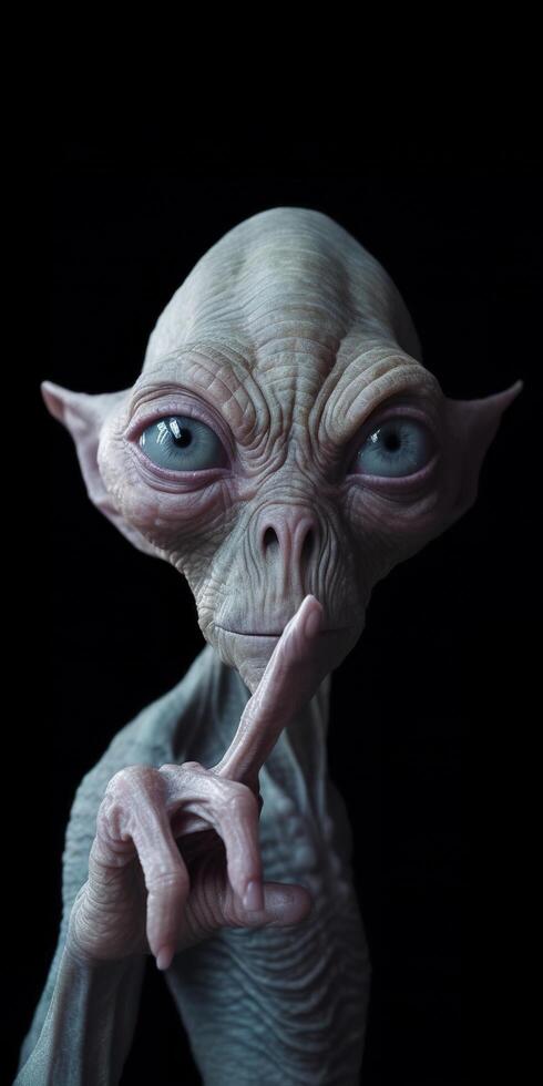 An extraordinary portrait of unknown adorable alien species over an alien finger, a style of high alien fashion. AI Generative photo