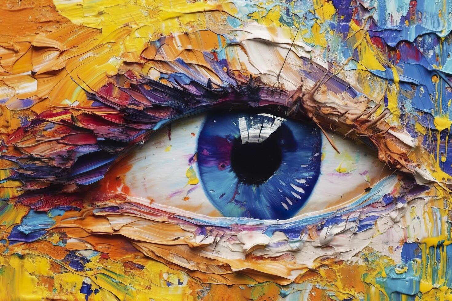 Fluorite oil painting. Conceptual abstract picture of the eye. Oil painting in colorful colors. Conceptual abstract closeup of an oil painting and palette knife on canvas. AI Generative photo