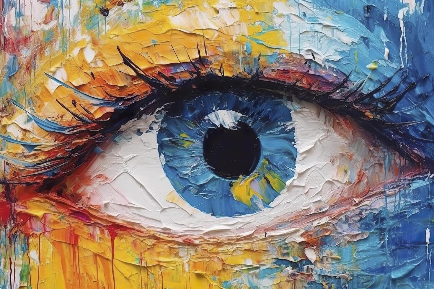 Fluorite oil painting. Conceptual abstract picture of the eye. Oil painting in colorful colors. Conceptual abstract closeup of an oil painting and palette knife on canvas. AI Generative photo