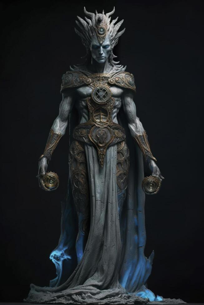 The god nemesis with blue eyes standing in front, dark bronze and light azure, AI Generative photo