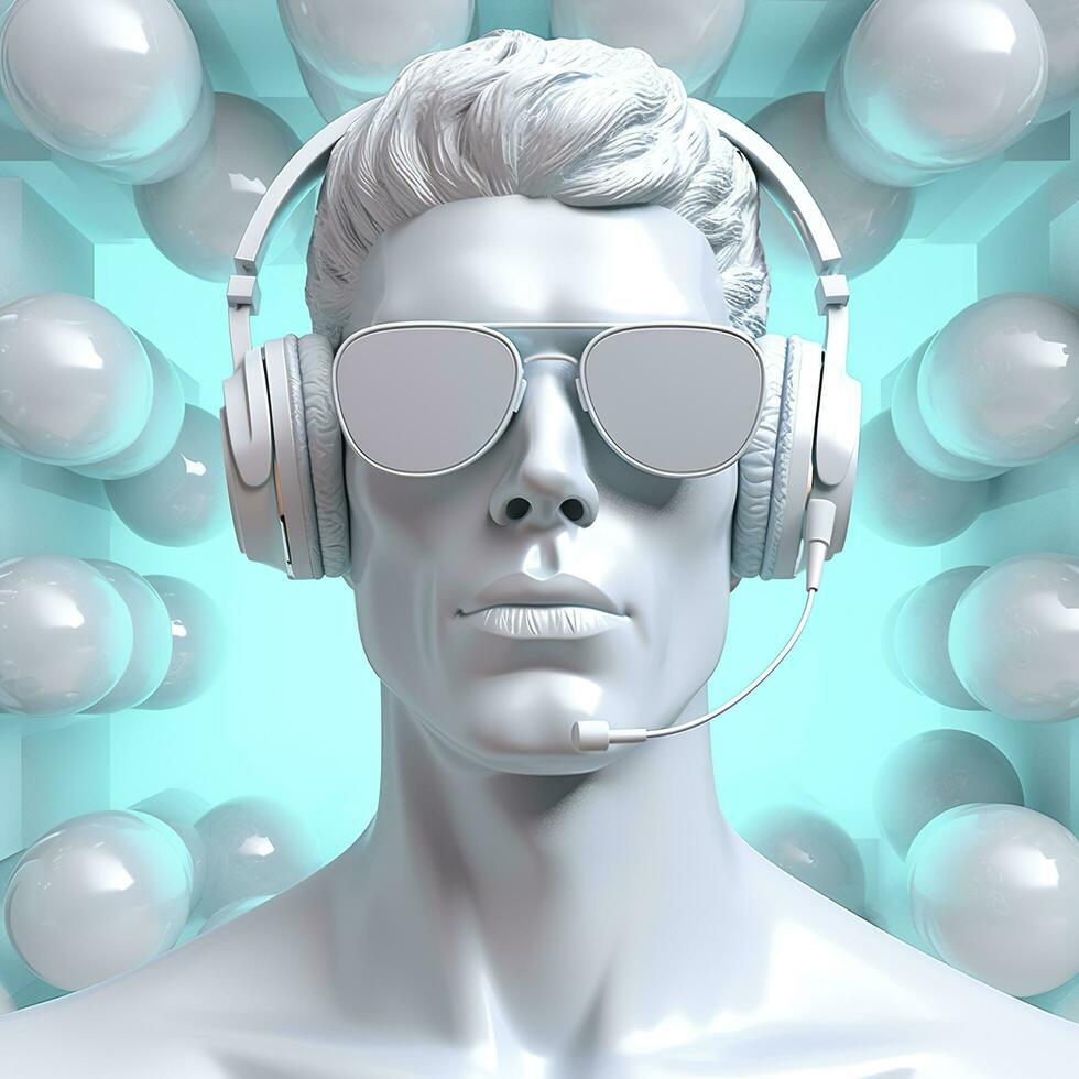 Minimal scene of sunglasses and headphones on human head sculpture, Music concept, 3d rendering. AI Generative photo