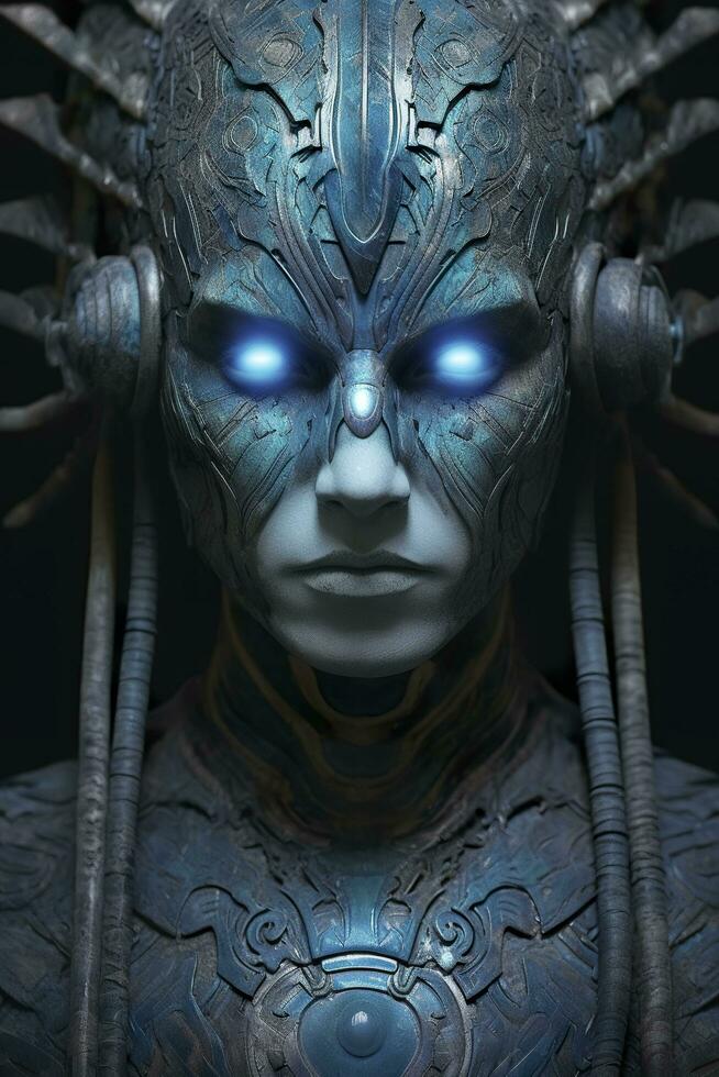 The god nemesis with blue eyes standing in front, dark bronze and light azure, AI Generative photo