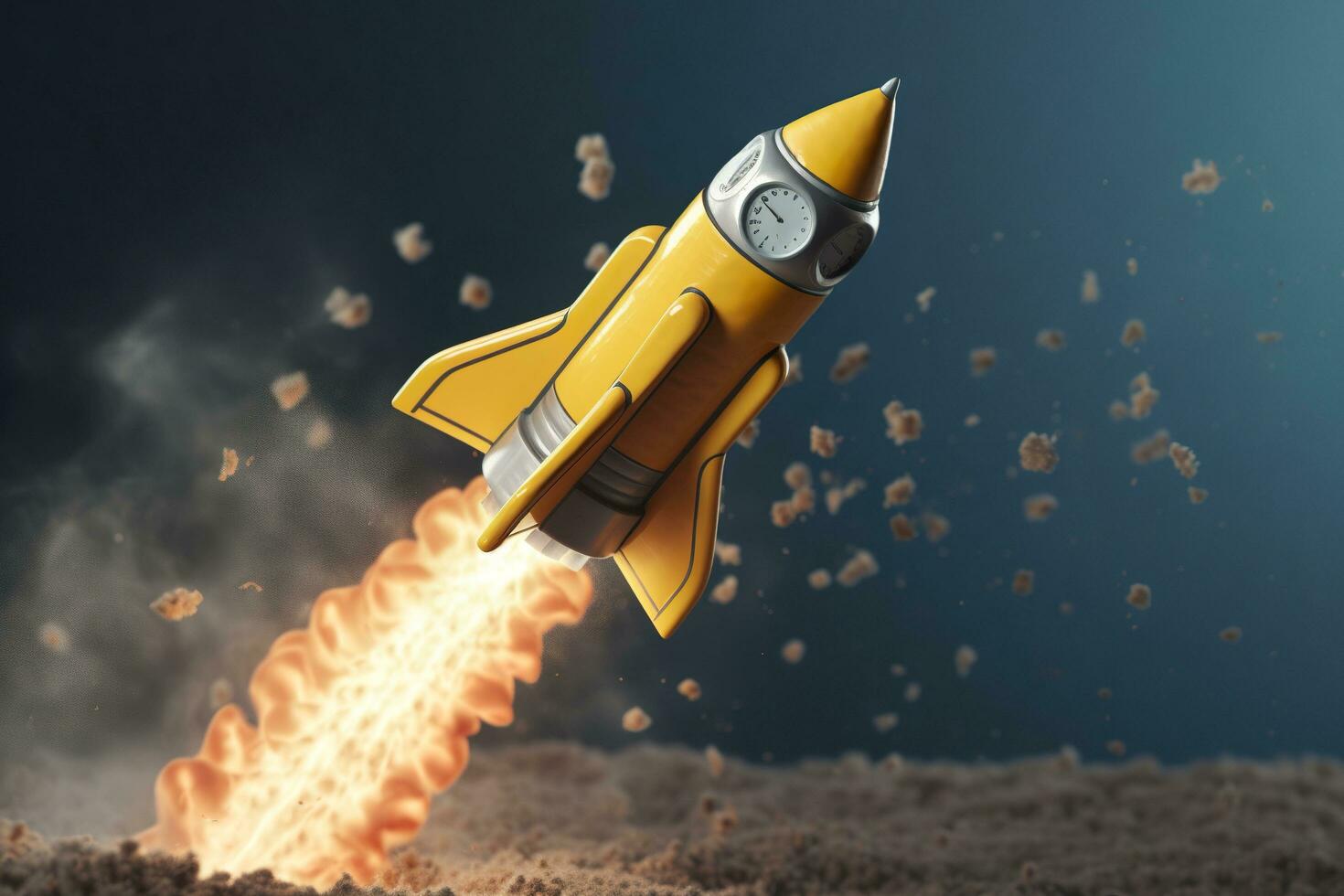 Toy rocket takes off business and finances success concept. AI Generative photo