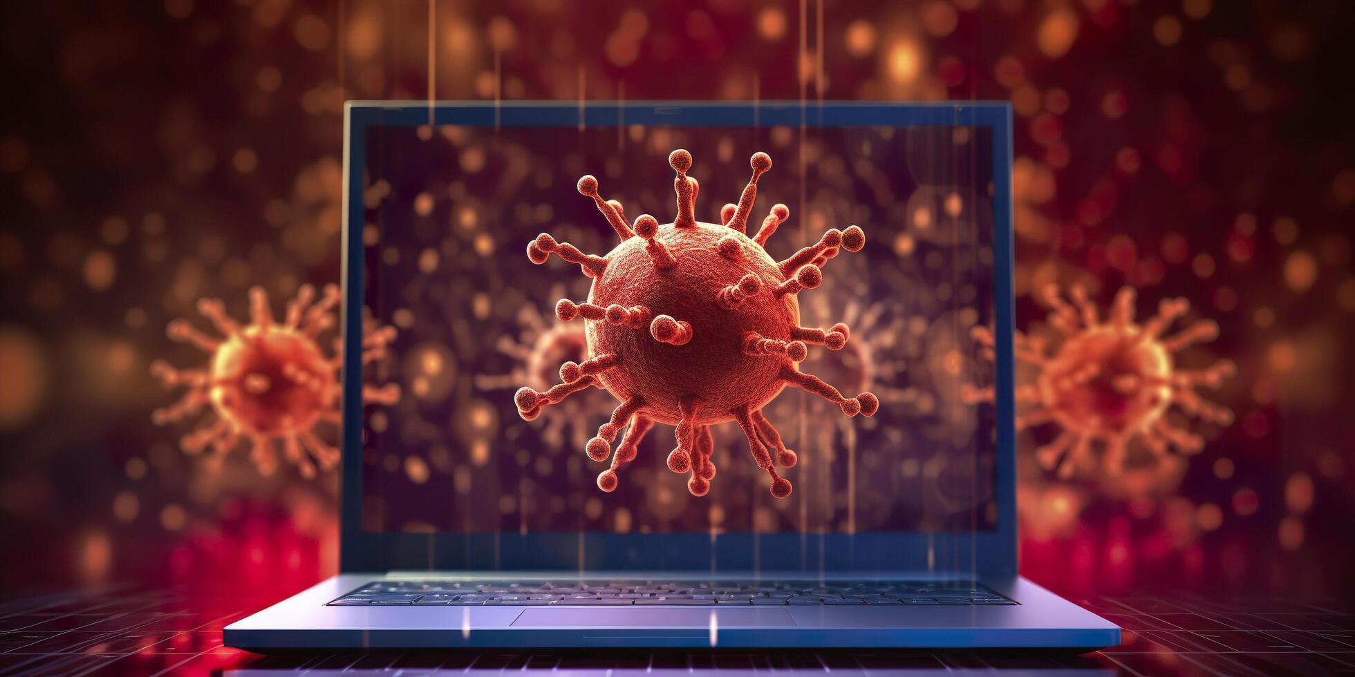 Computer screen showing an installing update notification with a virus symbol,  AI Generative photo