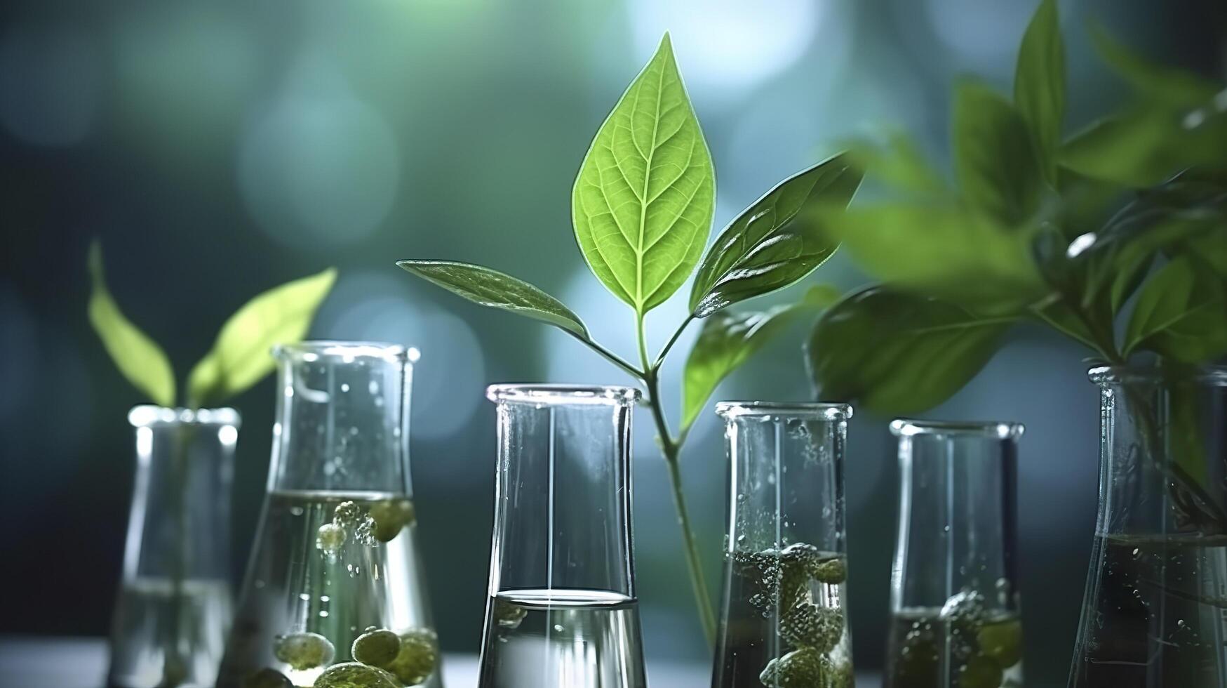 Biotechnology concept with green plant leaves, laboratory glassware, and conducting research, illustrating the powerful combination of nature and science in medical advancements.  AI Generative photo