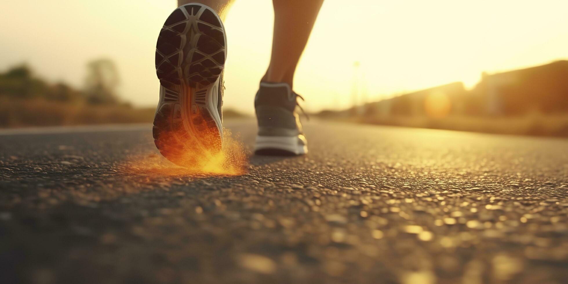 Close up on the shoe, Runner athlete feet running on the road under sunlight in the morning. AI Generative photo