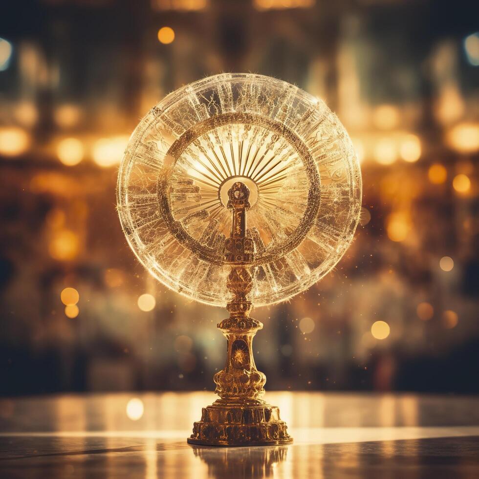 The golden monstrance with a little transparent crystal center, consecrated host. church defocused background. AI Generative photo