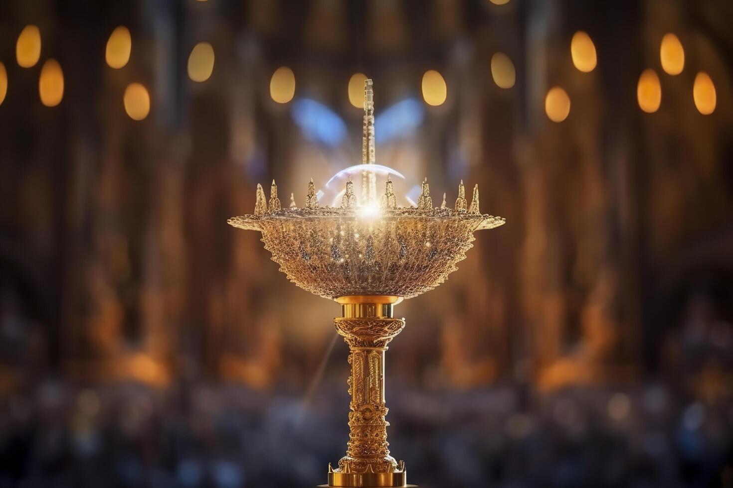 The golden monstrance with a little transparent crystal center, consecrated host. church defocused background. AI Generative photo