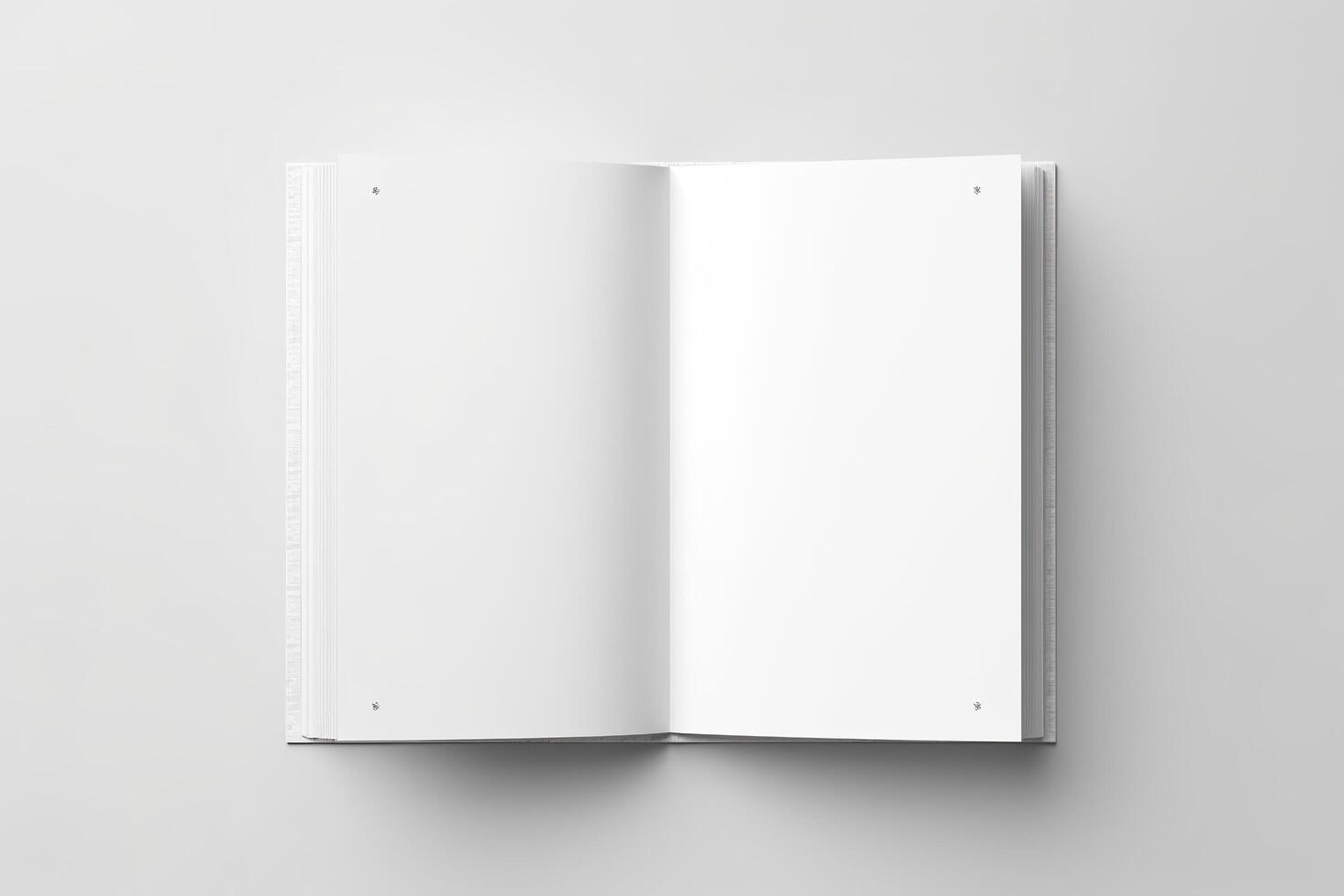 Blank opened book mockup, top view, isolated on white background. Generative AI photo