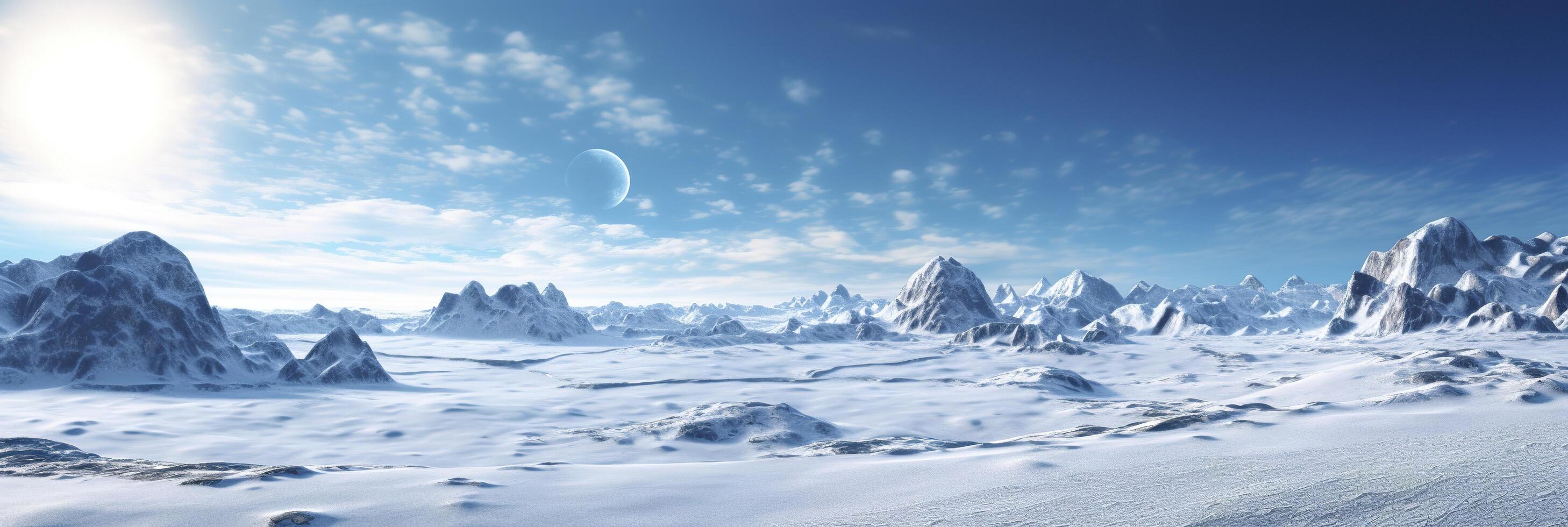vast desolated snow land, big mountains in the background, snowfall with light blue sky and light blue colors, peaceful atmosphere,  AI Generative photo