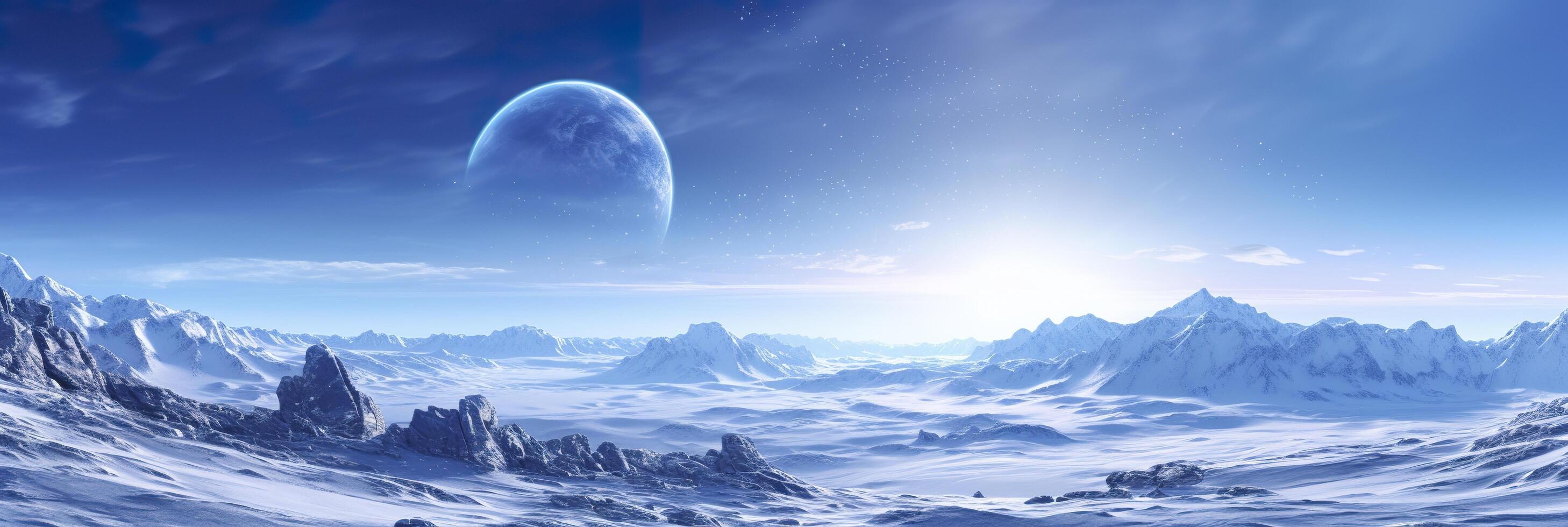 vast desolated snow land, big mountains in the background, snowfall with light blue sky and light blue colors, peaceful atmosphere,  AI Generative photo