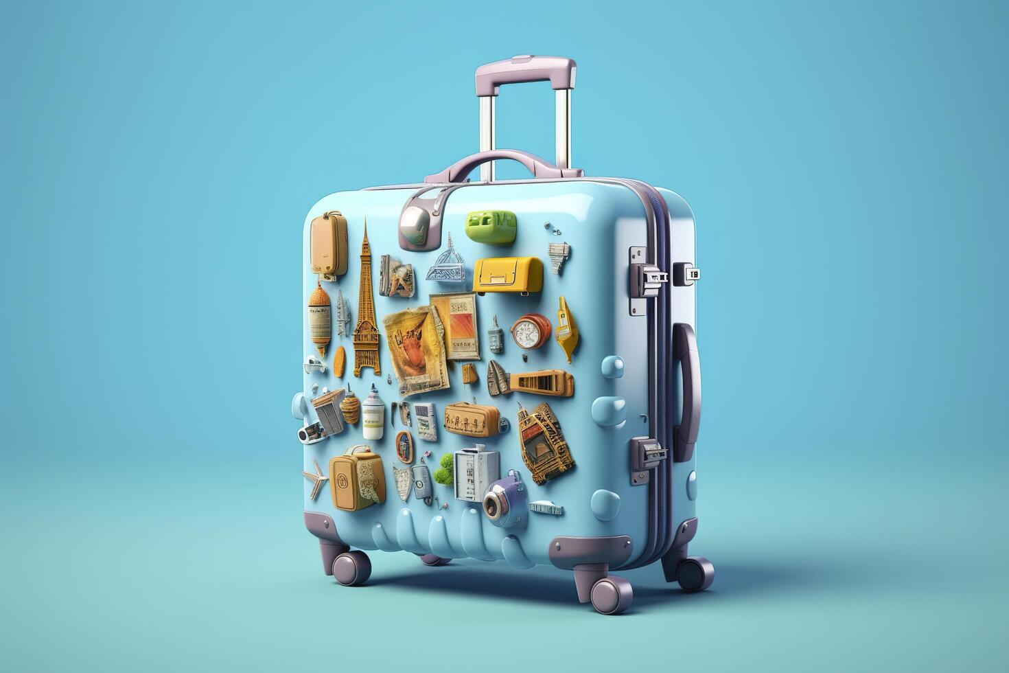 Blue suitcase full of landmarks and travel accessories on blue background. Generative AI photo