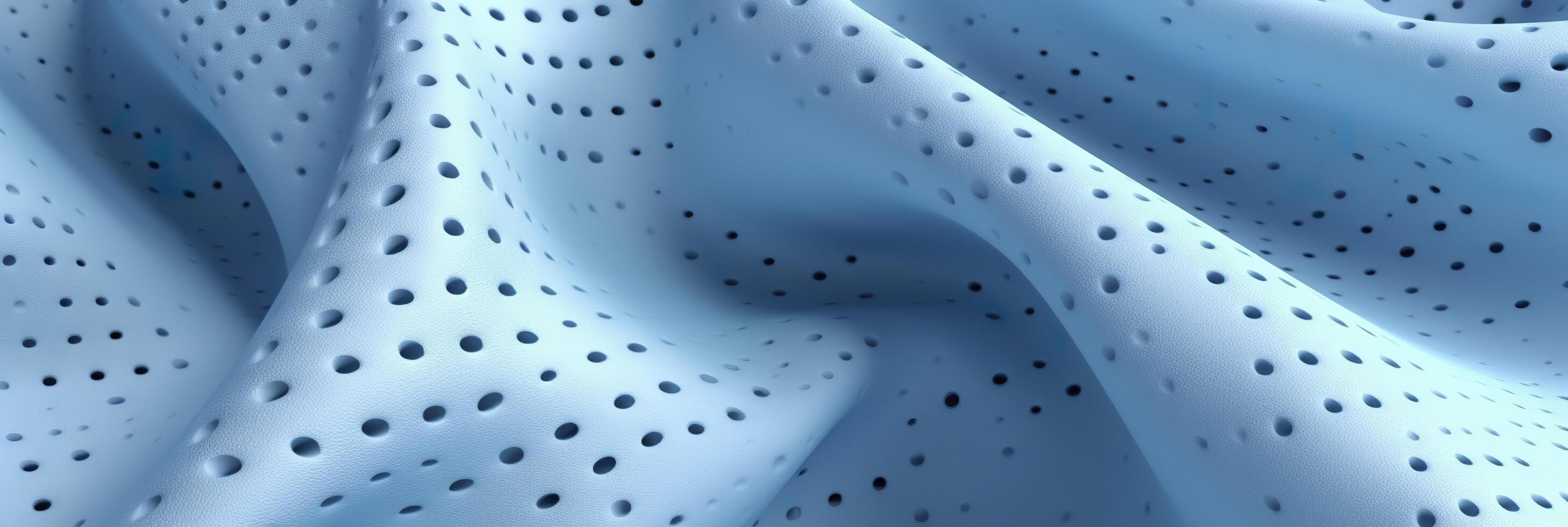Breathable fabric dry light blue soft mesh holes floating light blue background. Generative AI photo