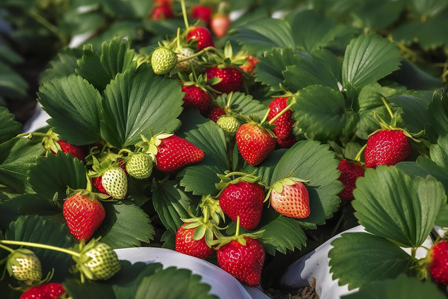 Bush of ripe organic strawberries in the garden. Berry closeup. Generative AI photo