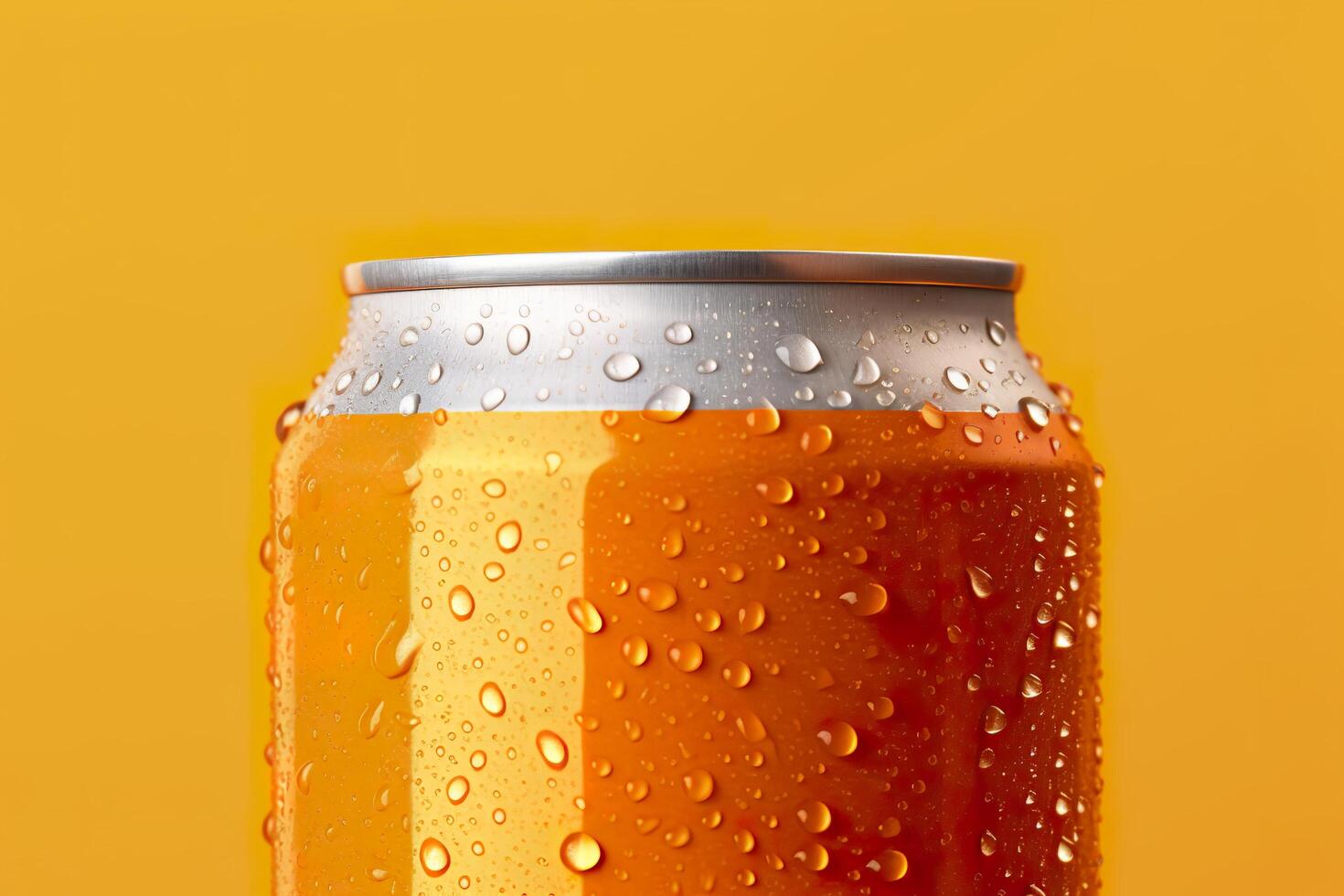 Can of fresh soda with water drops on orange background, closeup. Generative AI photo