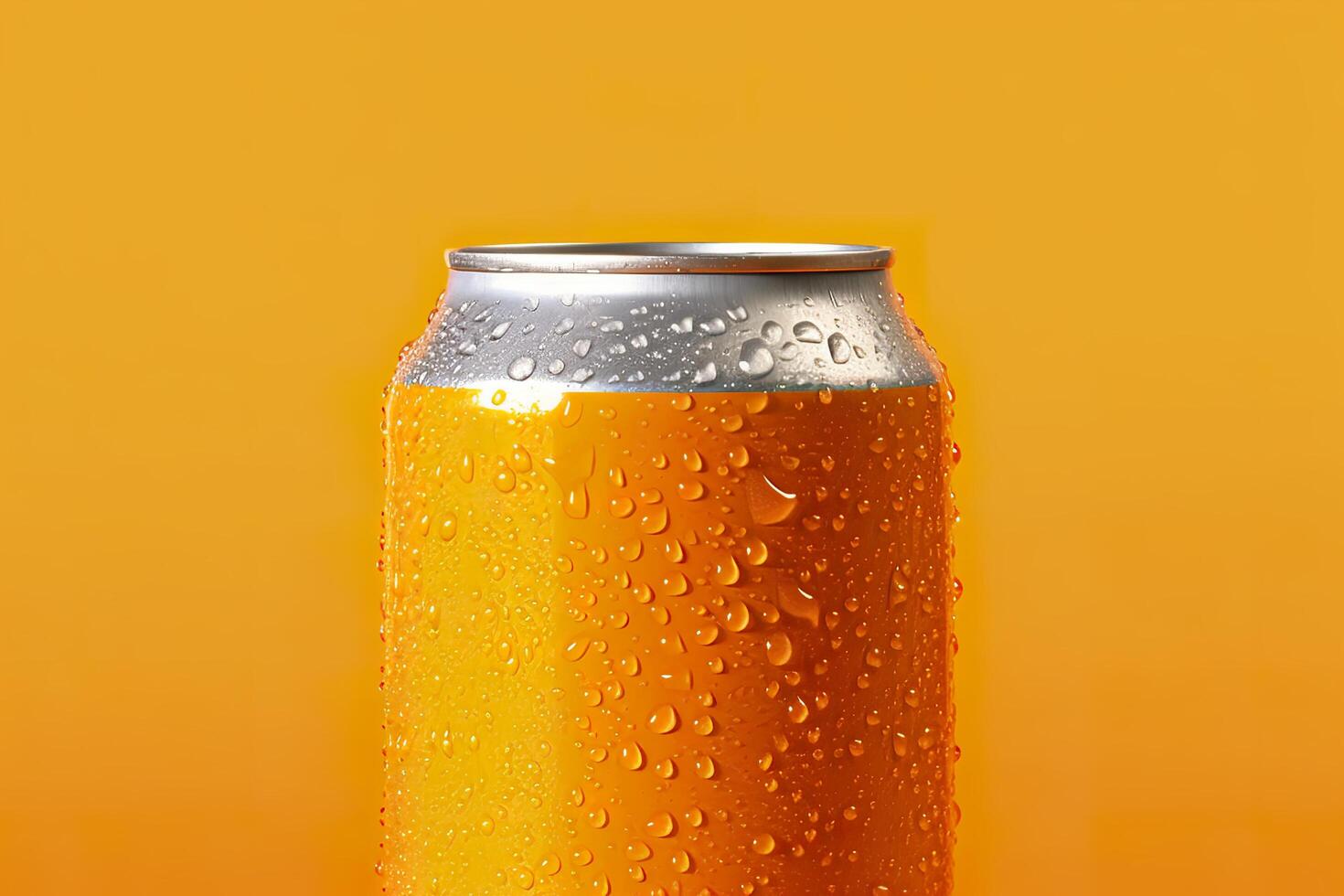 lata de Fresco soda con agua gotas en naranja fondo, de cerca. generativo ai foto