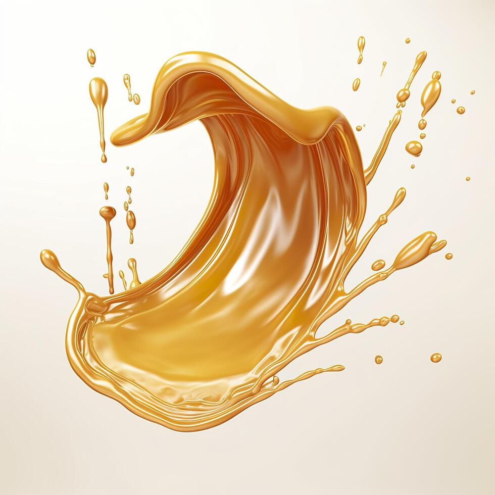 Caramel sauce, Liquid syrup splash, sugar candy caramel or melted toffee, 3d. Generative AI photo